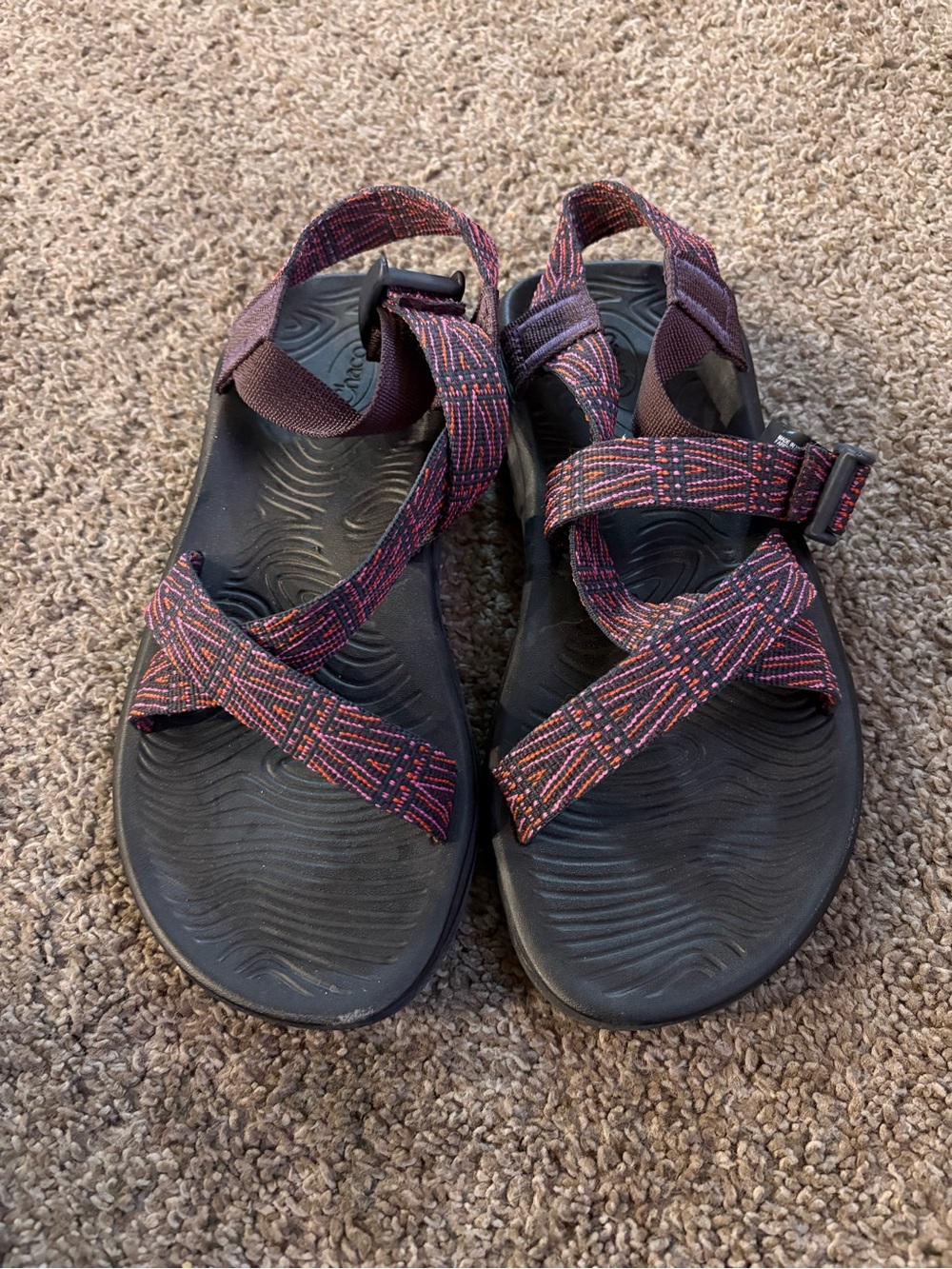 Chaco Women's Black Sandals with Red and Purple Patterned Straps